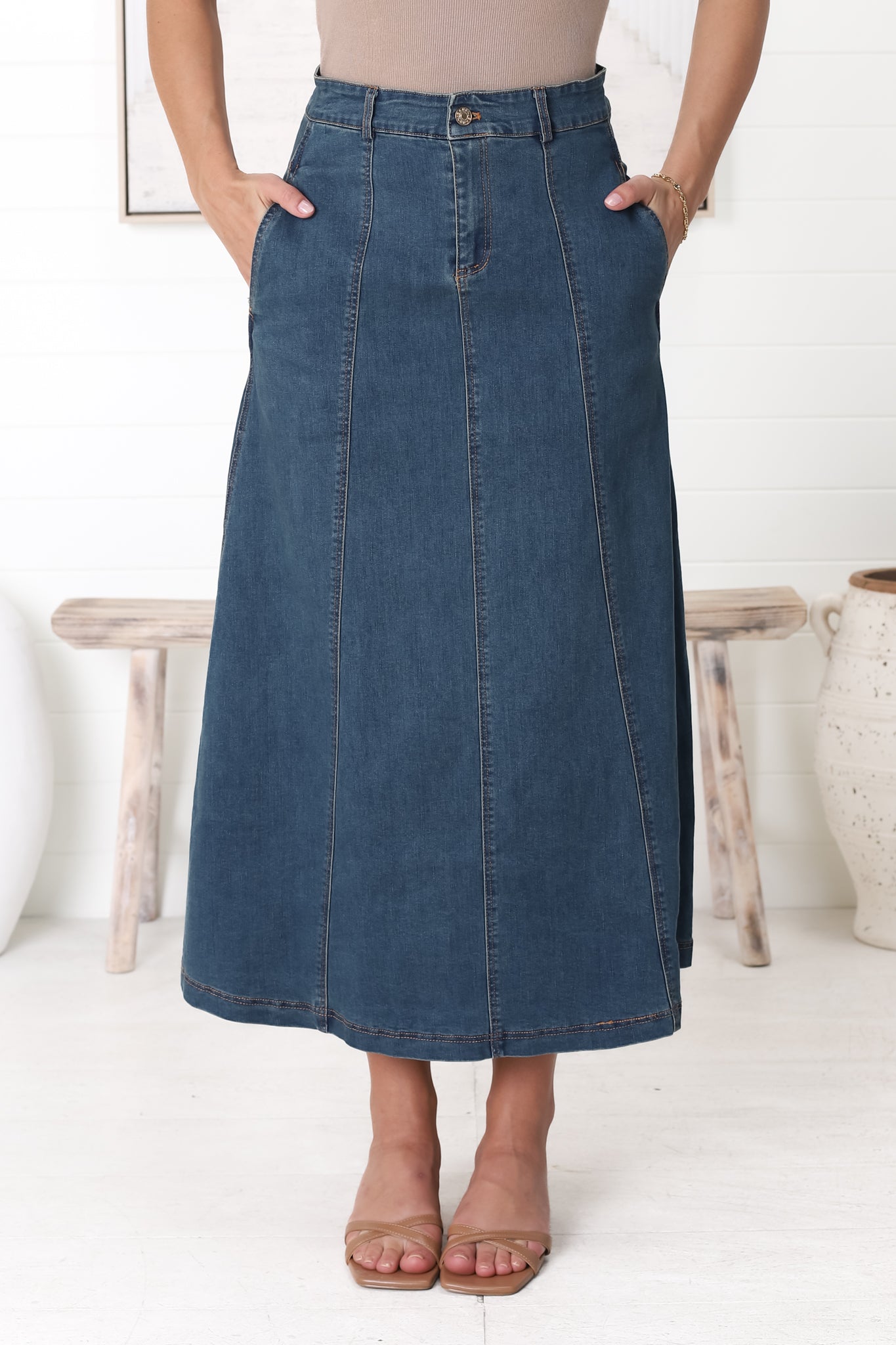 Delta Denim Midi Skirt - A Line Skirt with Contrast Stitching in Dark Denim