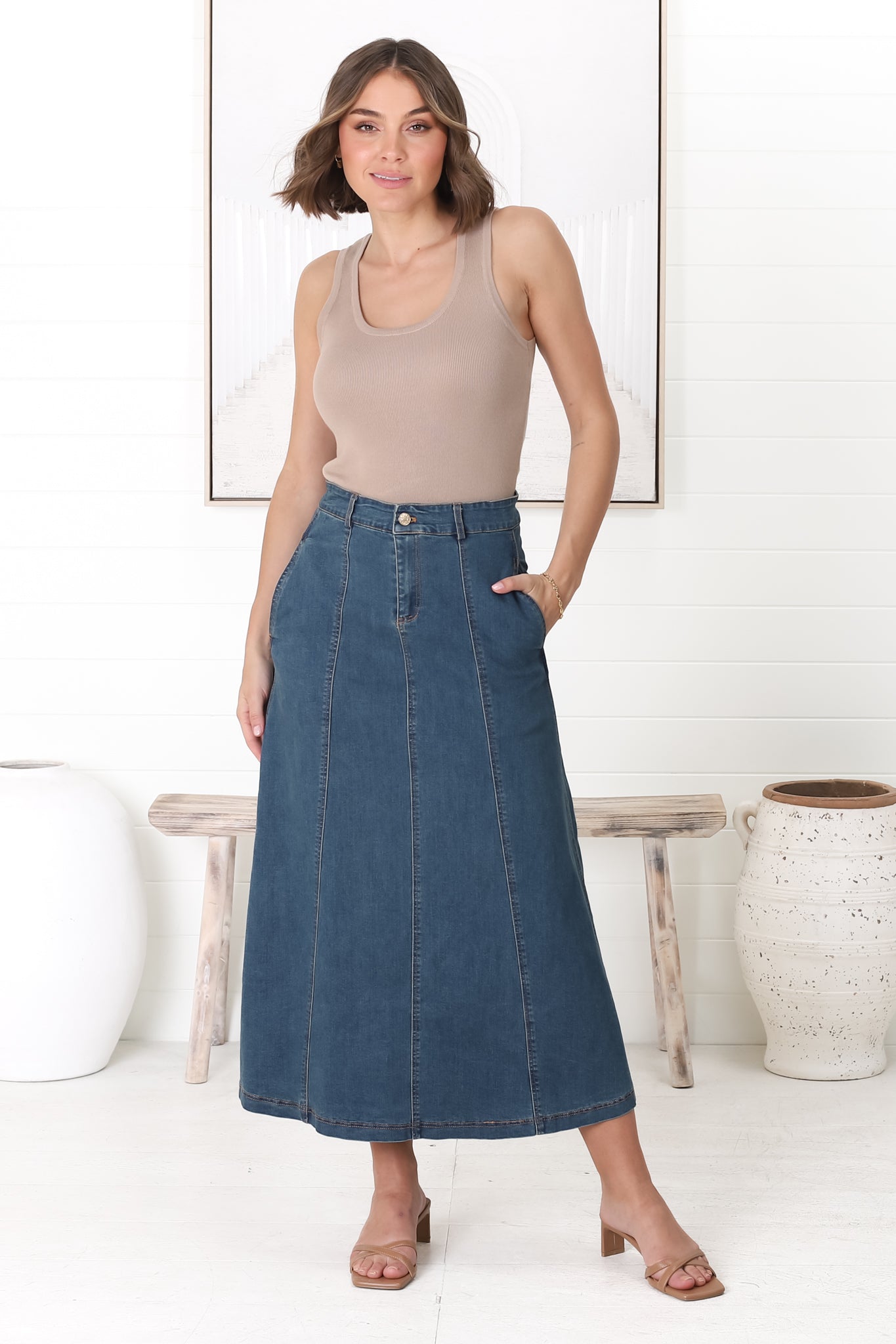 Delta Denim Midi Skirt - A Line Skirt with Contrast Stitching in Dark Denim