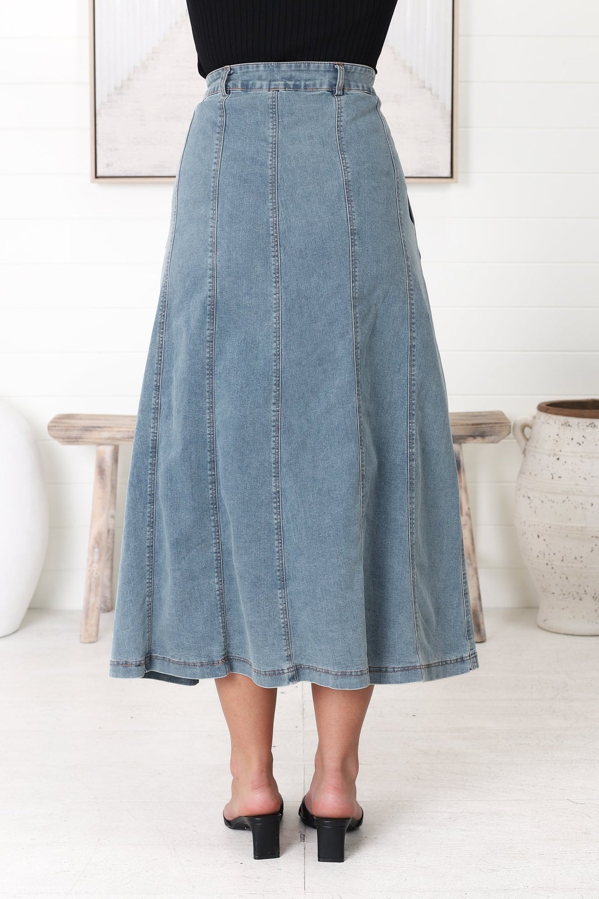 Delta Denim Midi Skirt - A Line Skirt with Contrast Stitching in Light Denim