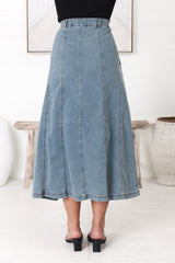 Delta Denim Midi Skirt - A Line Skirt with Contrast Stitching in Light Denim