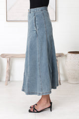 Delta Denim Midi Skirt - A Line Skirt with Contrast Stitching in Light Denim