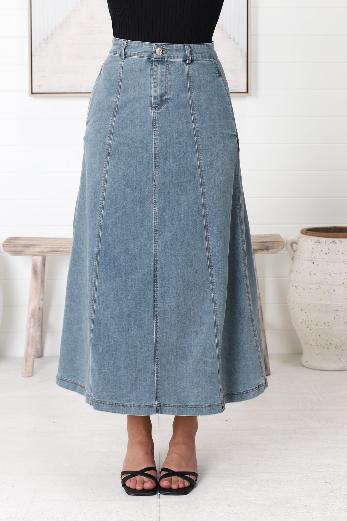 Delta Denim Midi Skirt - A Line Skirt with Contrast Stitching in Light Denim