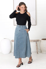 Delta Denim Midi Skirt - A Line Skirt with Contrast Stitching in Light Denim