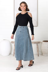 Delta Denim Midi Skirt - A Line Skirt with Contrast Stitching in Light Denim