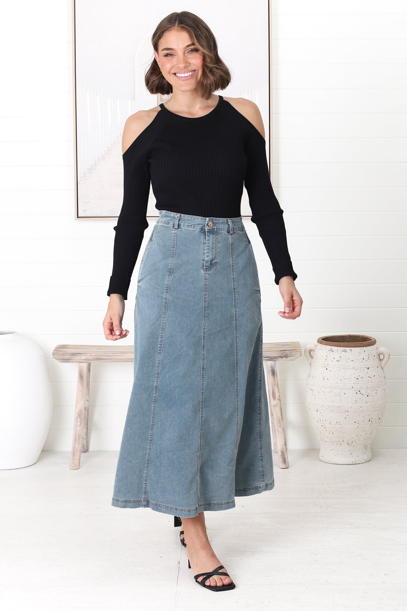 Delta Denim Midi Skirt - A Line Skirt with Contrast Stitching in Light Denim
