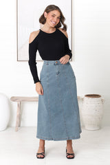 Delta Denim Midi Skirt - A Line Skirt with Contrast Stitching in Light Denim