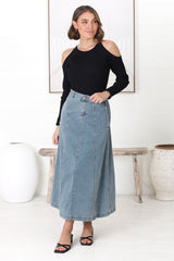 Delta Denim Midi Skirt - A Line Skirt with Contrast Stitching in Light Denim