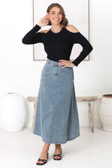 Delta Denim Midi Skirt - A Line Skirt with Contrast Stitching in Light Denim