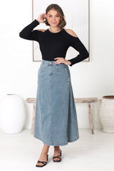 Delta Denim Midi Skirt - A Line Skirt with Contrast Stitching in Light Denim