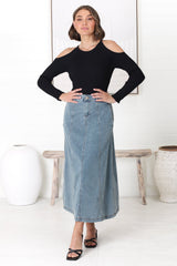 Delta Denim Midi Skirt - A Line Skirt with Contrast Stitching in Light Denim