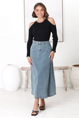 Delta Denim Midi Skirt - A Line Skirt with Contrast Stitching in Light Denim