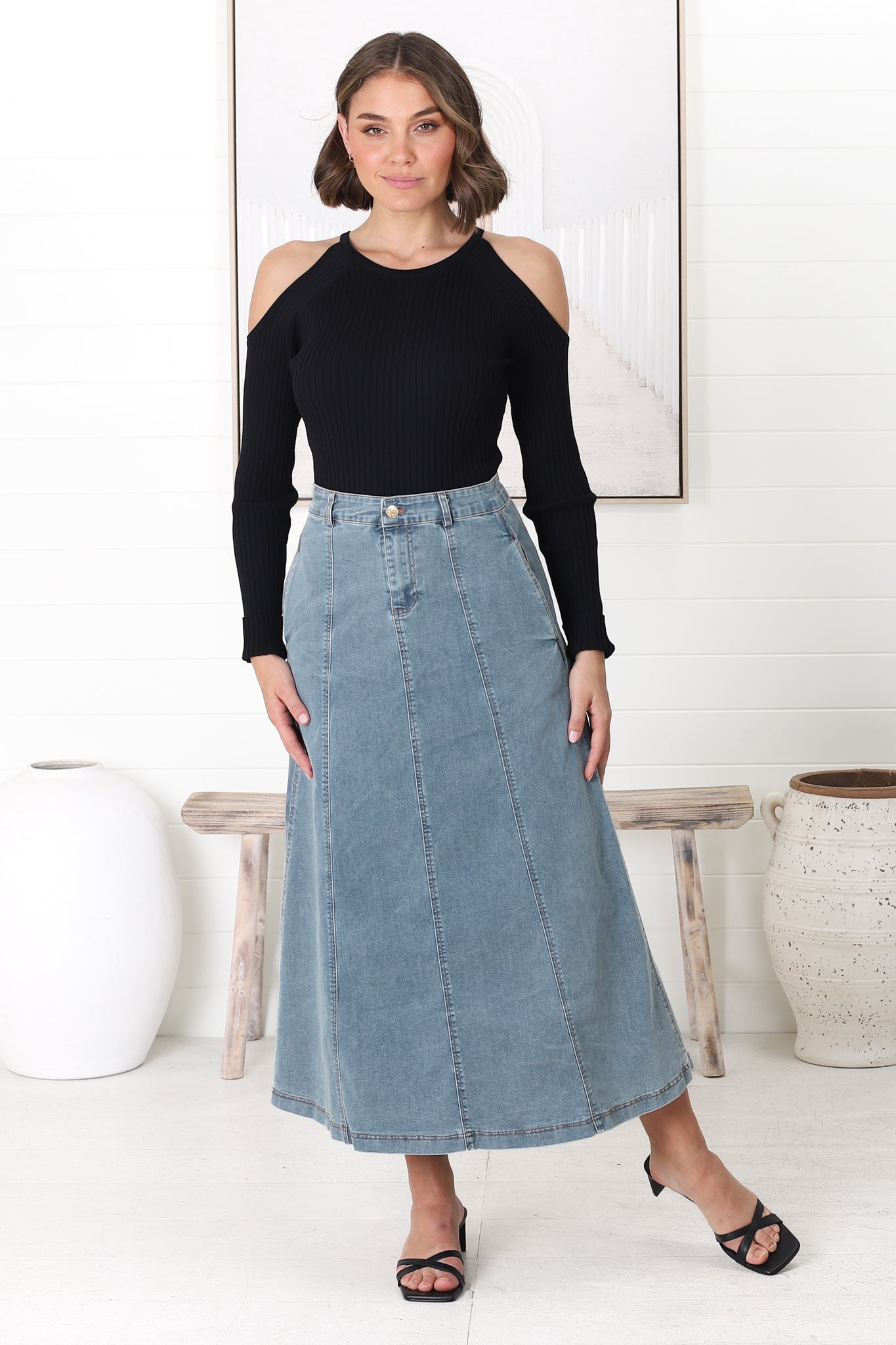Delta Denim Midi Skirt - A Line Skirt with Contrast Stitching in Light Denim