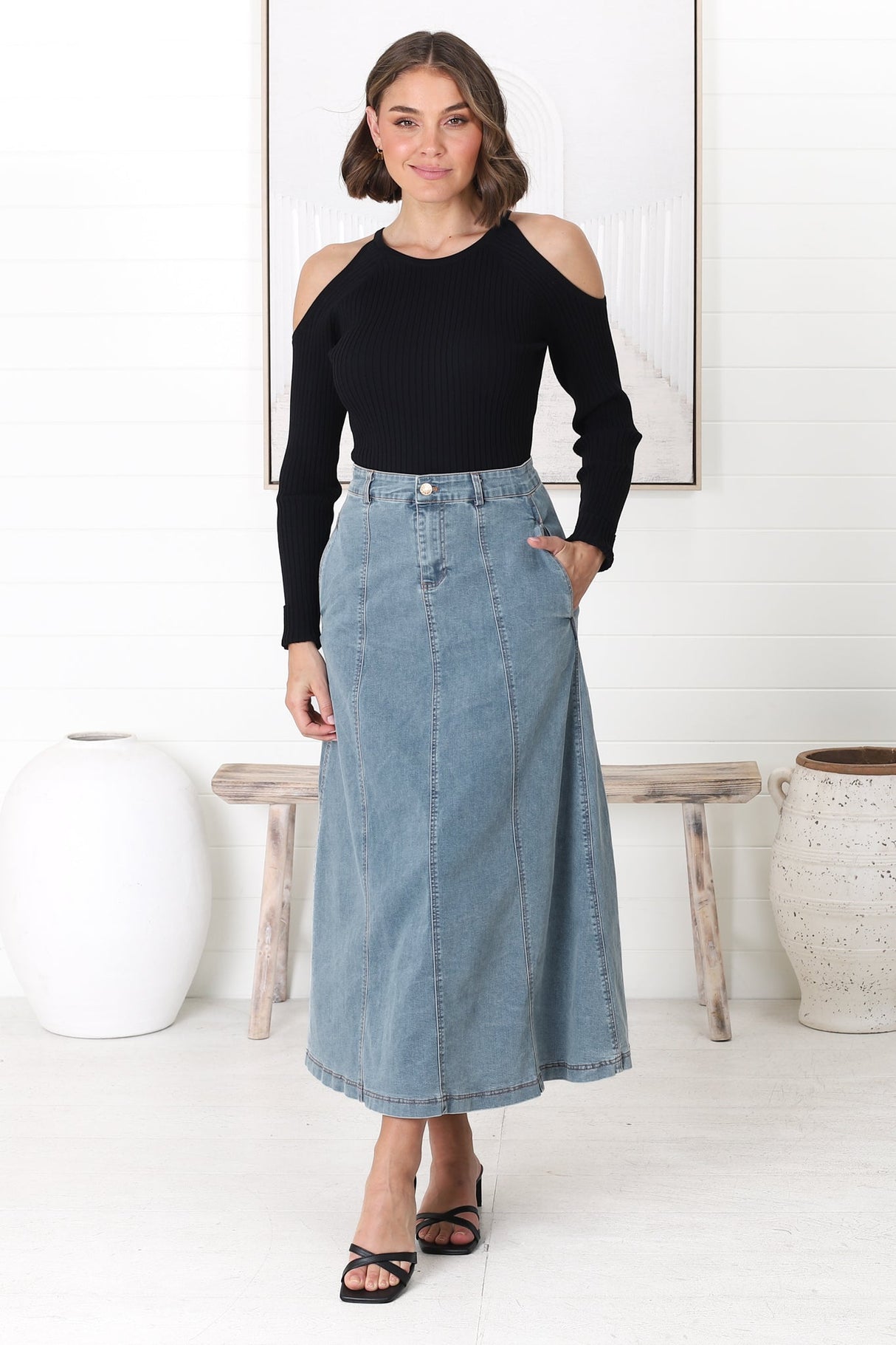 Delta Denim Midi Skirt - A Line Skirt with Contrast Stitching in Light Denim