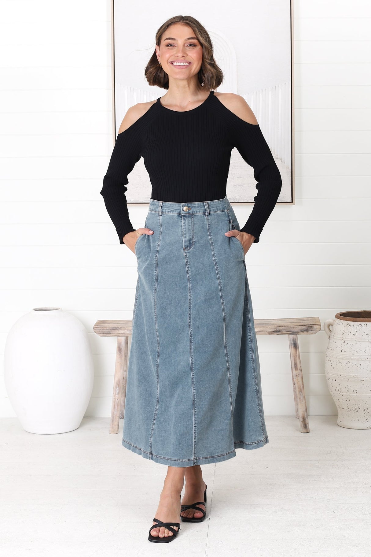 Delta Denim Midi Skirt - A Line Skirt with Contrast Stitching in Light Denim