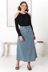 Delta Denim Midi Skirt - A Line Skirt with Contrast Stitching in Light Denim