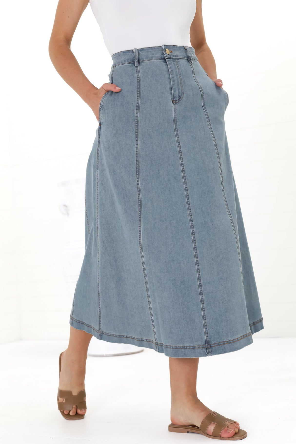 Delta Denim Midi Skirt - A Line Skirt with Contrast Stitching in Blue Denim