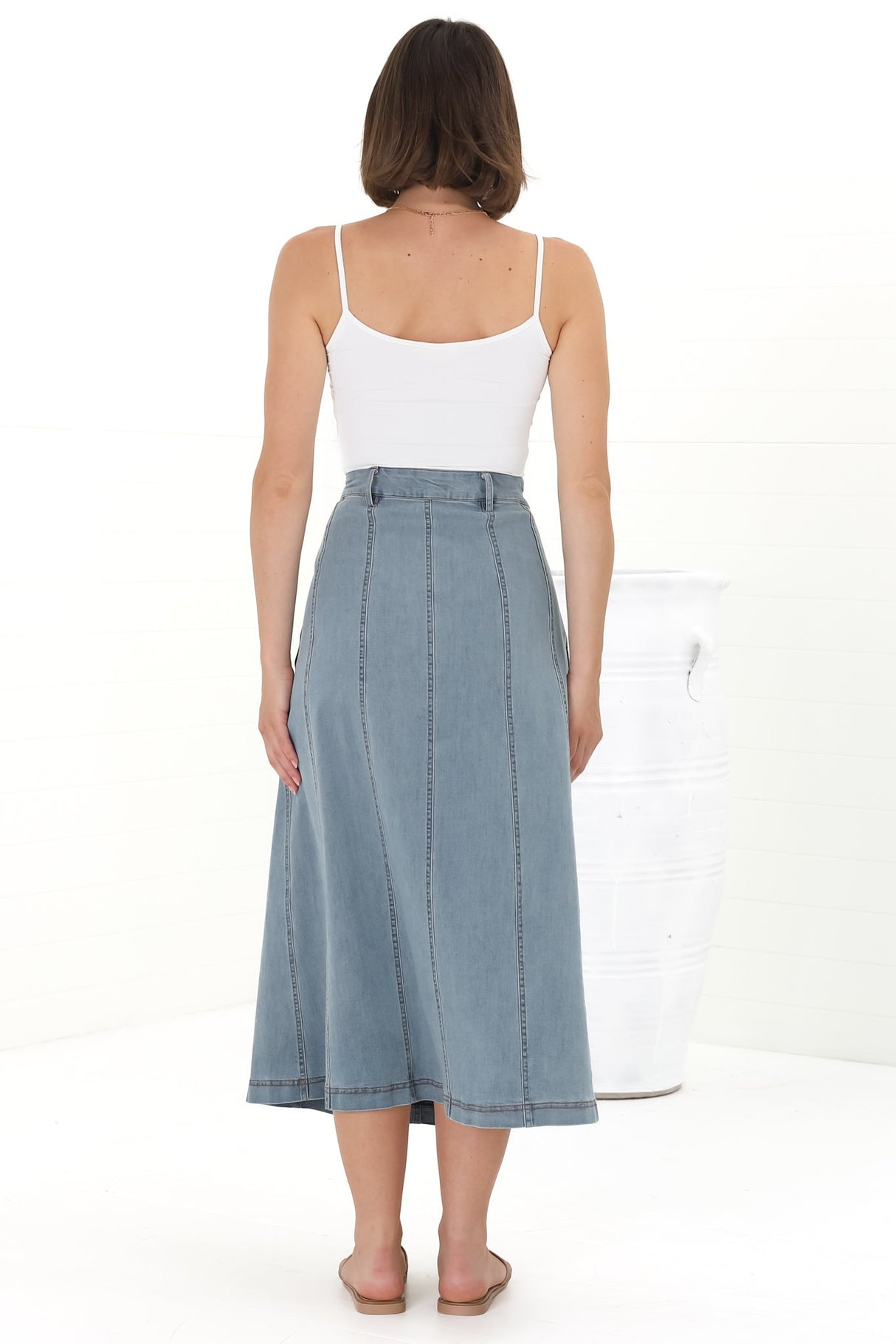 Delta Denim Midi Skirt - A Line Skirt with Contrast Stitching in Blue Denim