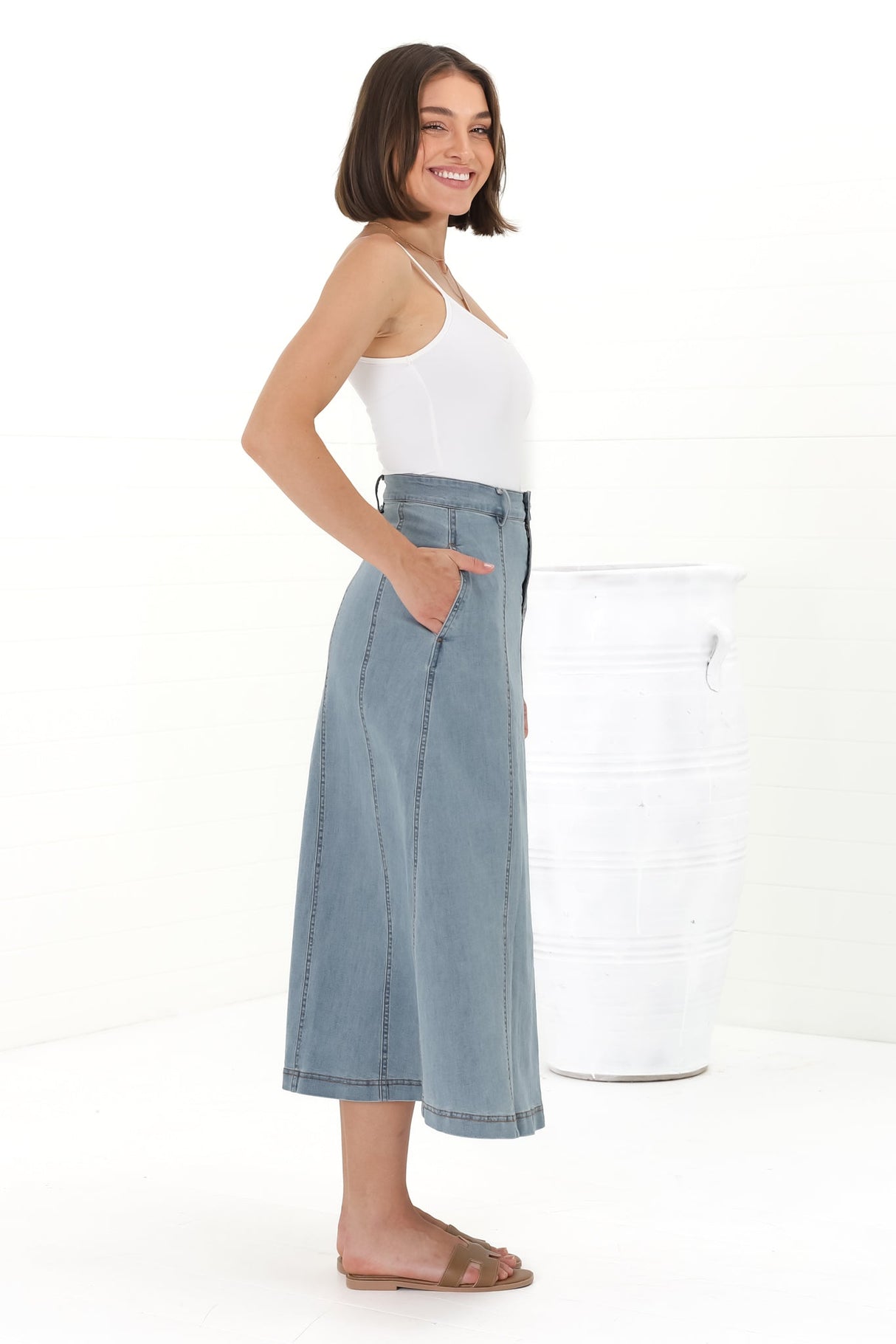 Delta Denim Midi Skirt - A Line Skirt with Contrast Stitching in Blue Denim