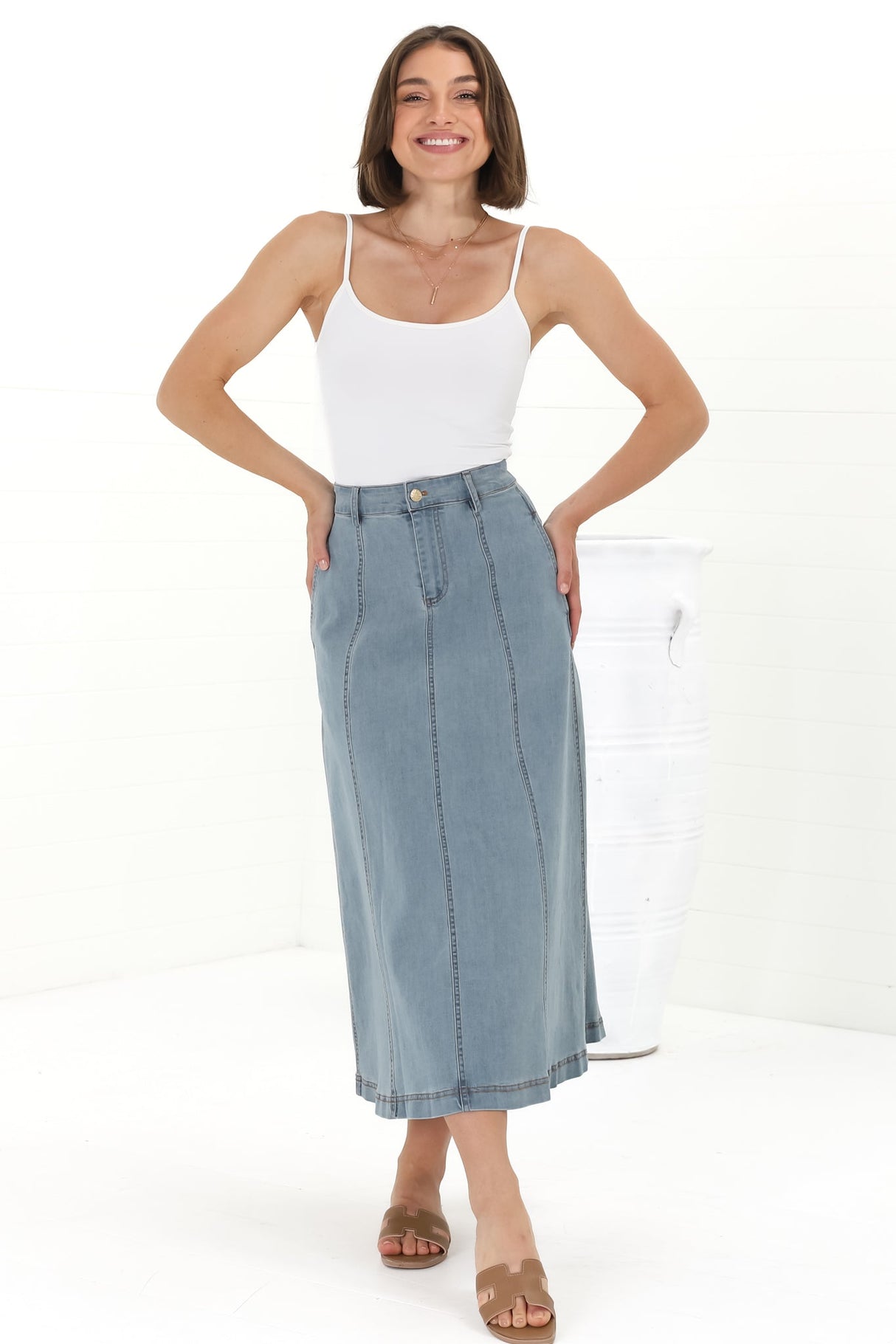 Delta Denim Midi Skirt - A Line Skirt with Contrast Stitching in Blue Denim