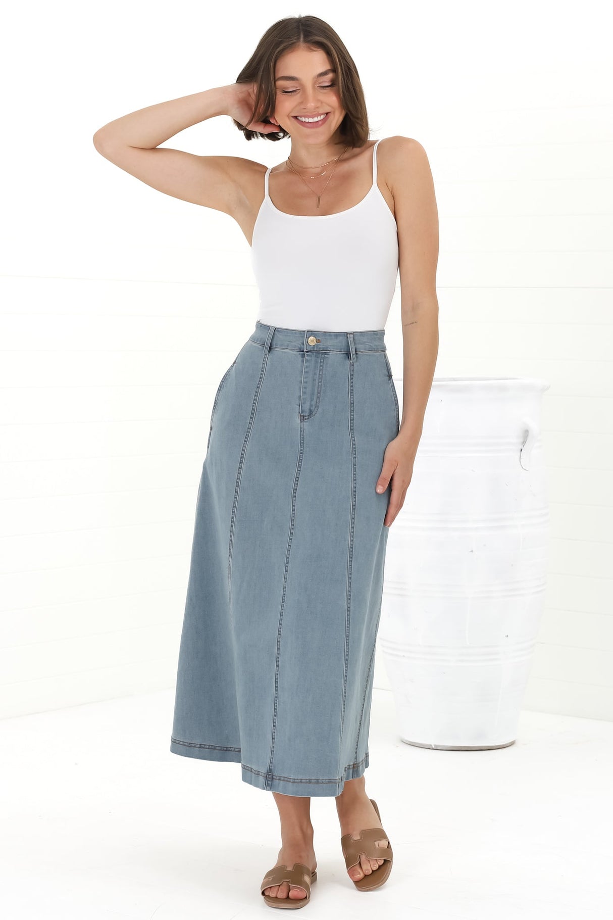 Delta Denim Midi Skirt - A Line Skirt with Contrast Stitching in Blue Denim