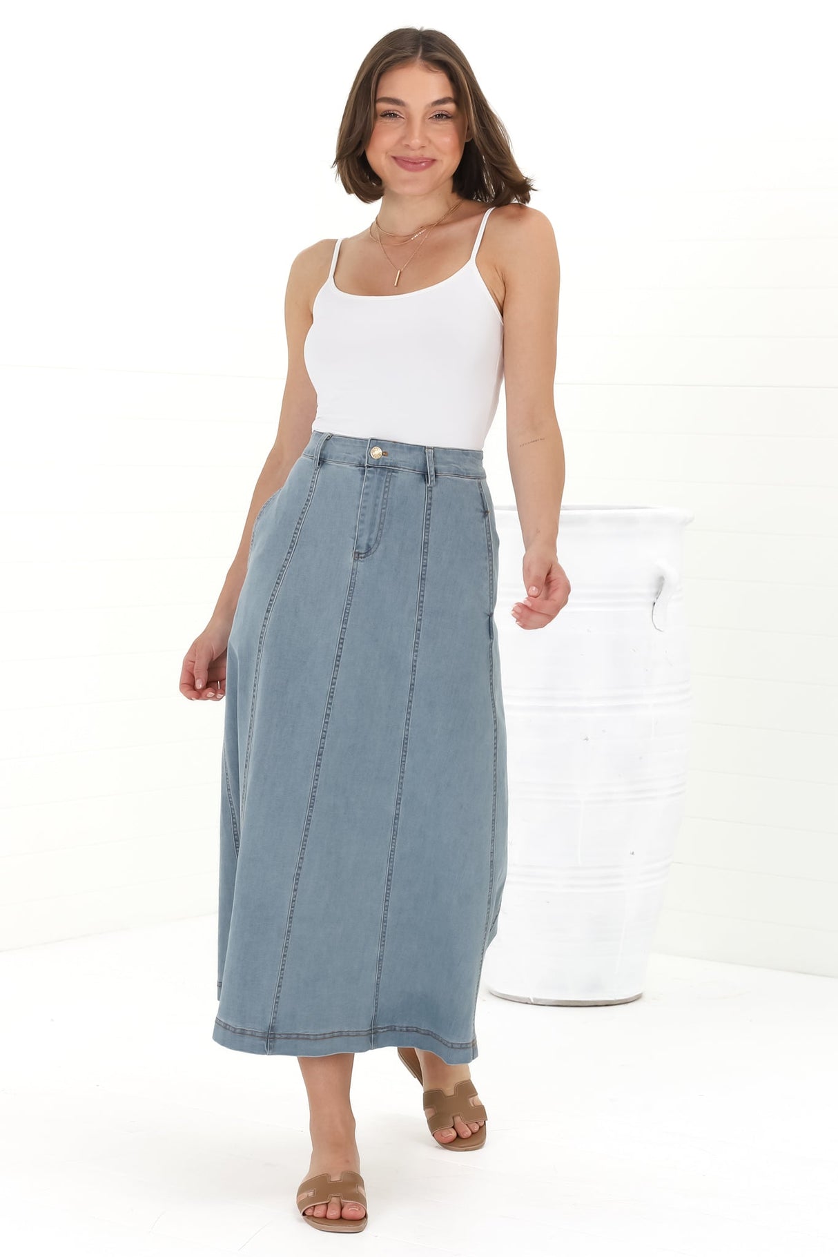 Delta Denim Midi Skirt - A Line Skirt with Contrast Stitching in Blue Denim