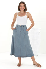 Delta Denim Midi Skirt - A Line Skirt with Contrast Stitching in Blue Denim