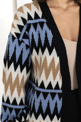 Delvie Cardigan - Open Graphic Print Knit Cardigan with Long Sleeves