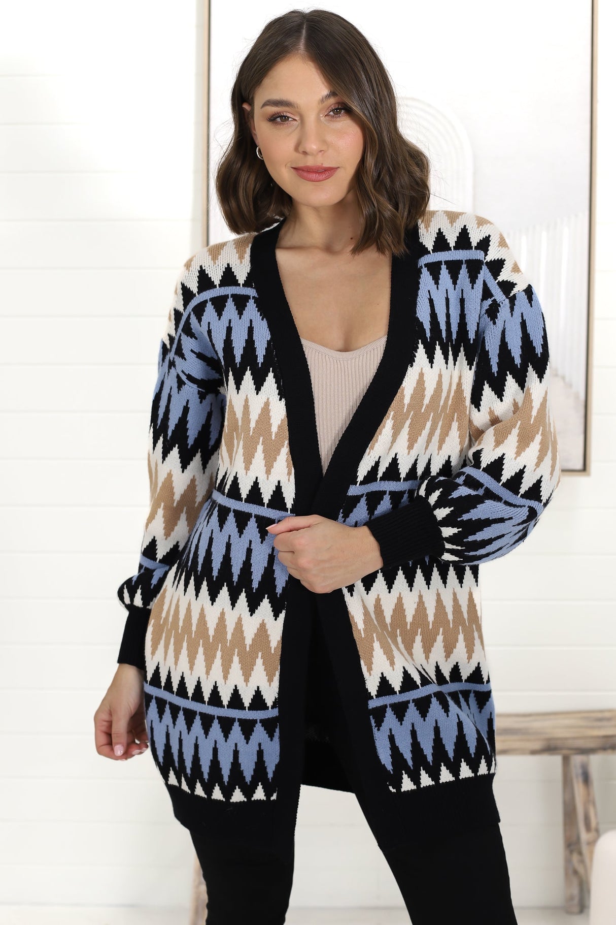 Delvie Cardigan - Open Graphic Print Knit Cardigan with Long Sleeves