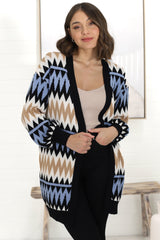 Delvie Cardigan - Open Graphic Print Knit Cardigan with Long Sleeves