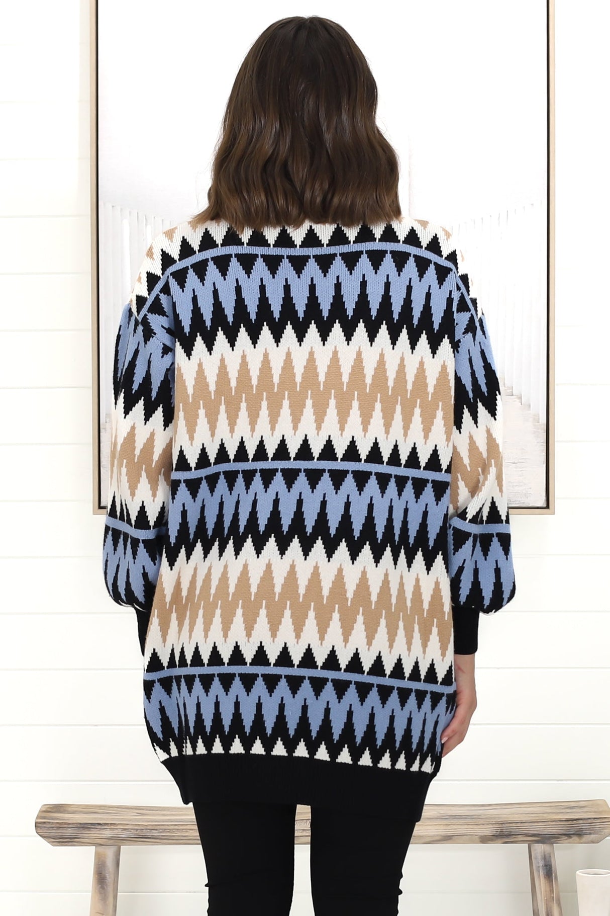 Delvie Cardigan - Open Graphic Print Knit Cardigan with Long Sleeves