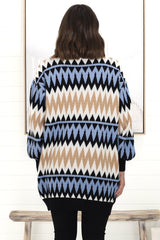 Delvie Cardigan - Open Graphic Print Knit Cardigan with Long Sleeves