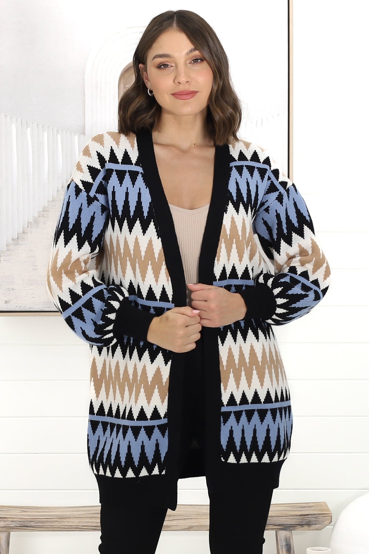 Delvie Cardigan - Open Graphic Print Knit Cardigan with Long Sleeves