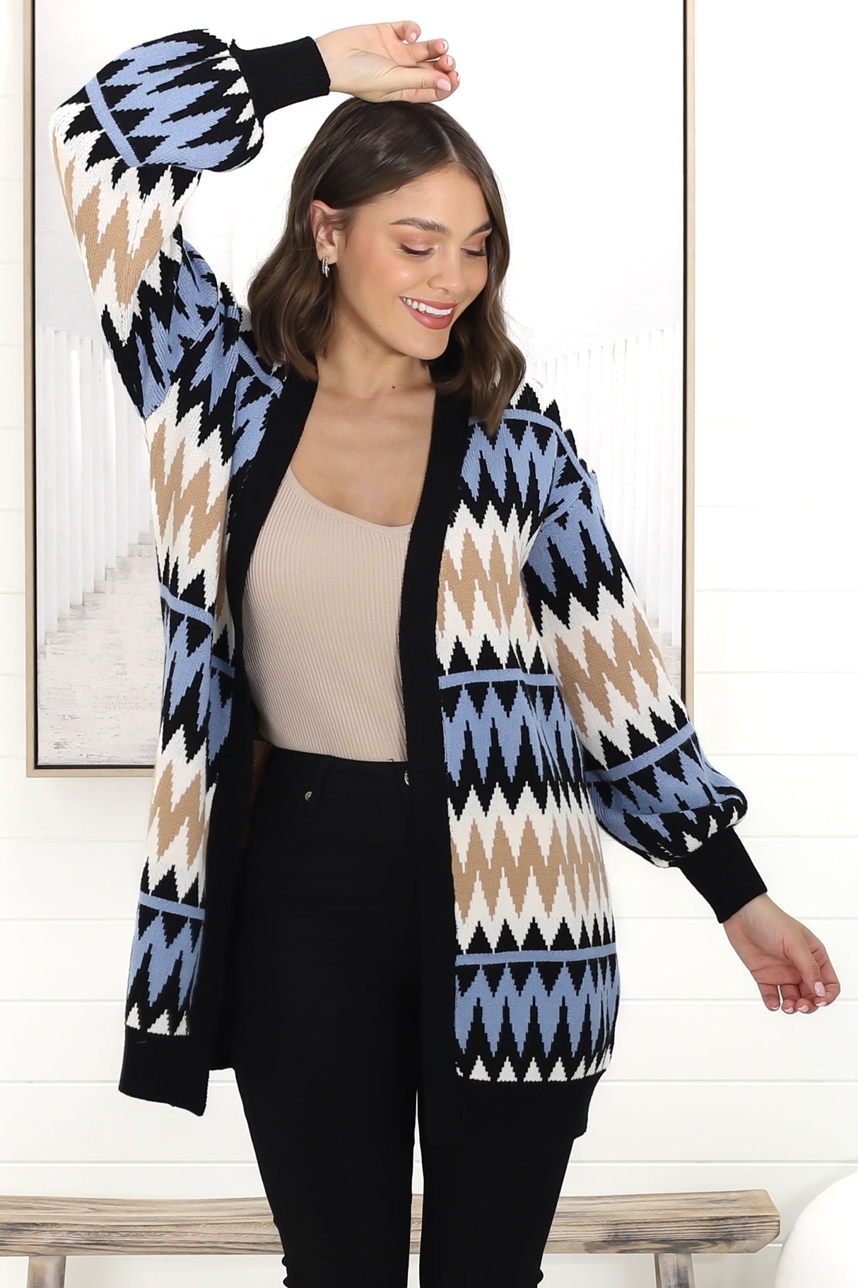 Delvie Cardigan - Open Graphic Print Knit Cardigan with Long Sleeves