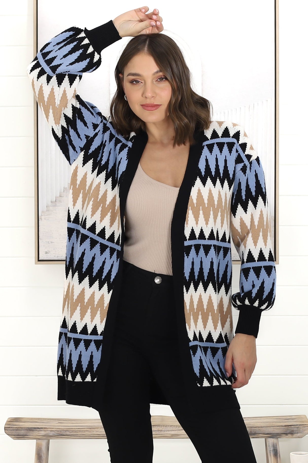 Delvie Cardigan - Open Graphic Print Knit Cardigan with Long Sleeves