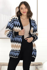 Delvie Cardigan - Open Graphic Print Knit Cardigan with Long Sleeves