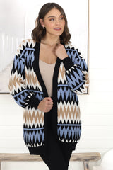 Delvie Cardigan - Open Graphic Print Knit Cardigan with Long Sleeves