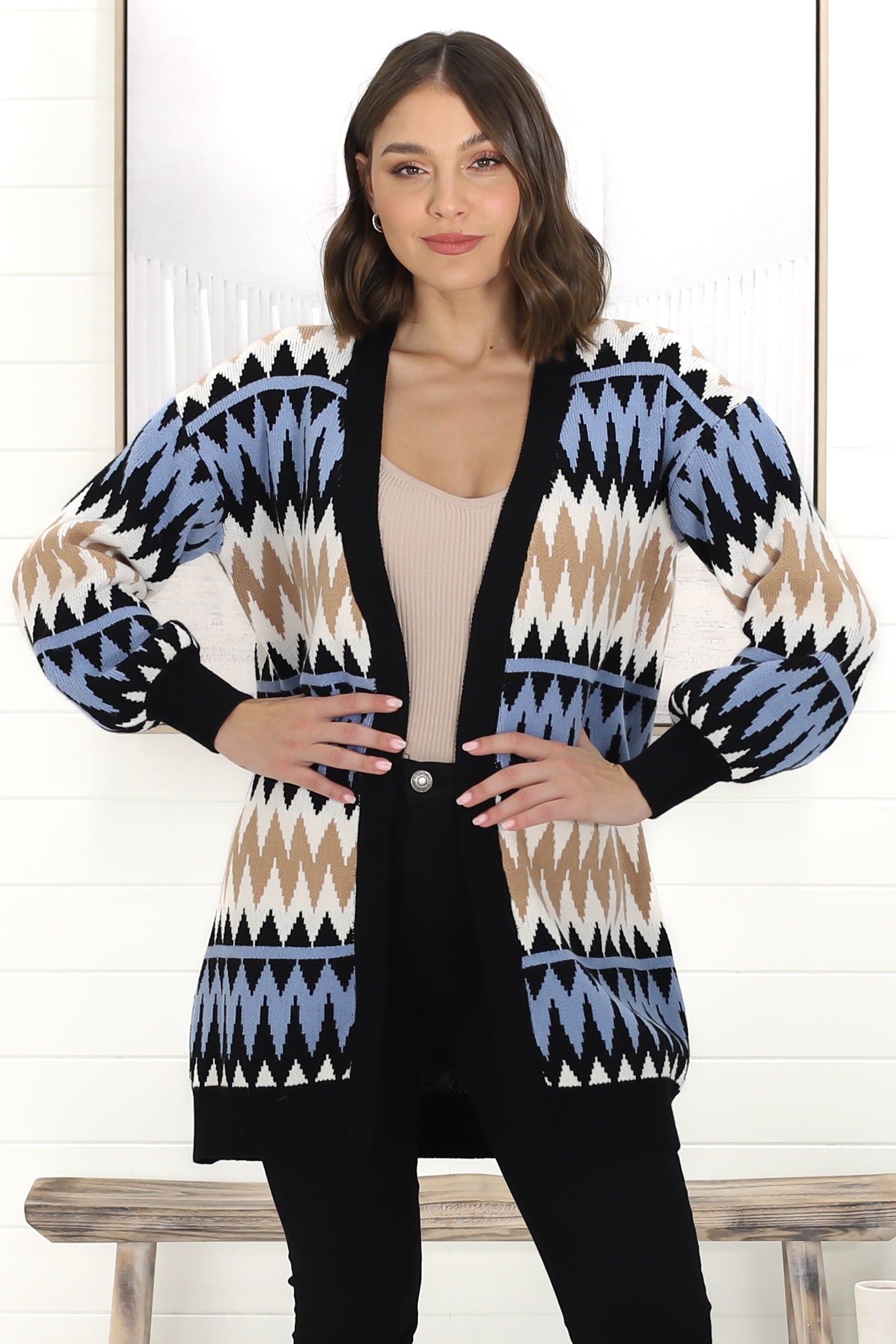 Delvie Cardigan - Open Graphic Print Knit Cardigan with Long Sleeves