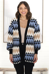 Delvie Cardigan - Open Graphic Print Knit Cardigan with Long Sleeves