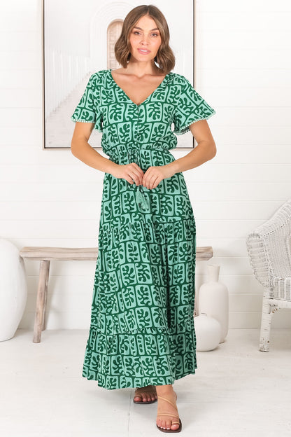 Demy Maxi Dress - Cap Sleeve Lace Trim A Line Dress in Davey Print Green