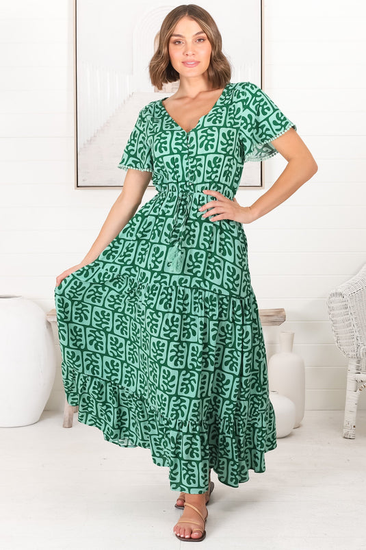 Demy Maxi Dress - Cap Sleeve Lace Trim A Line Dress in Davey Print Green