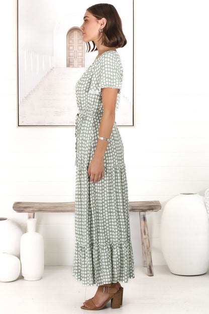 Demy Maxi Dress - Cap Sleeve Lace Trim A Line Dress in Maryanne Print Green