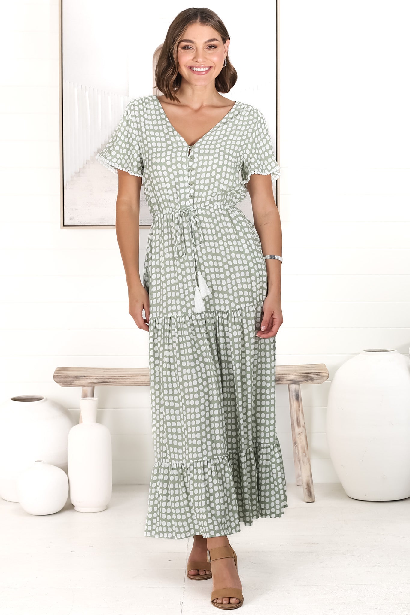 Demy Maxi Dress - Cap Sleeve Lace Trim A Line Dress in Maryanne Print Green