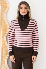 Dennis Jumper - Chunky Collar with Zipper Stripe Jumper in Pink/Chocolate