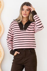 Dennis Jumper - Chunky Collar with Zipper Stripe Jumper in Pink/Chocolate
