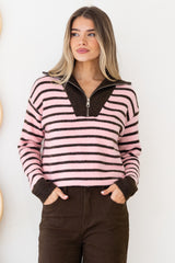 Dennis Jumper - Chunky Collar with Zipper Stripe Jumper in Pink/Chocolate