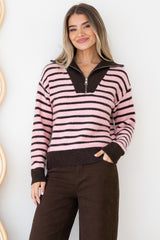 Dennis Jumper - Chunky Collar with Zipper Stripe Jumper in Pink/Chocolate