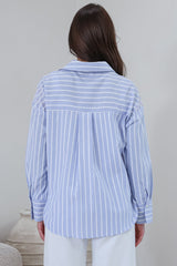Denver Shirt - Wing Collar Button Down Striped Cotton Shirt with Scoop Hemline in Blue