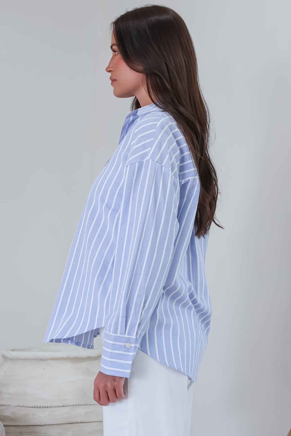 Denver Shirt - Wing Collar Button Down Striped Cotton Shirt with Scoop Hemline in Blue