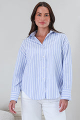 Denver Shirt - Wing Collar Button Down Striped Cotton Shirt with Scoop Hemline in Blue