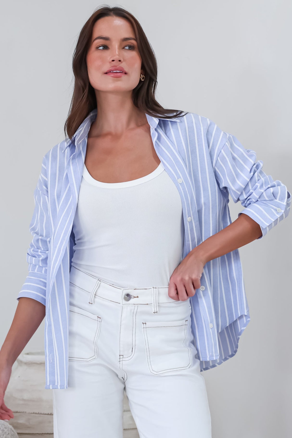 Denver Shirt - Wing Collar Button Down Striped Cotton Shirt with Scoop Hemline in Blue